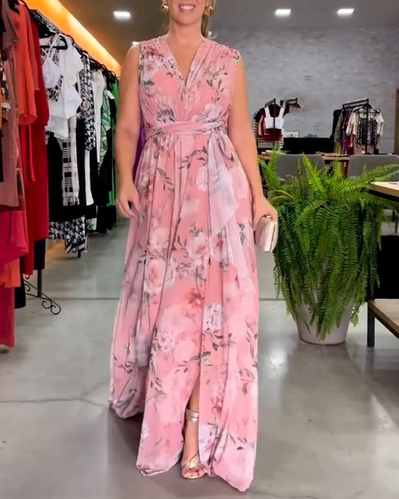 Blommig V-ringad elegant ärmlös klänning