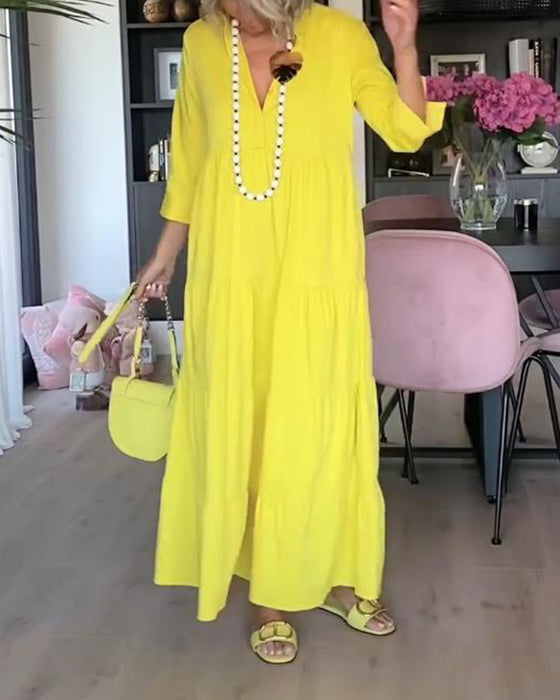 Casual enfärgad klänning med lapelficka och patchwork