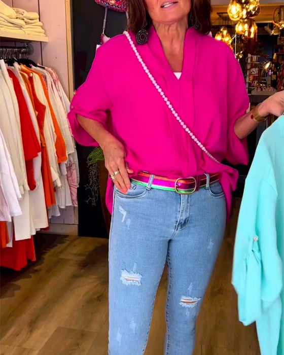 Casual enfärgad blus med V-ringning och trekvartsärm