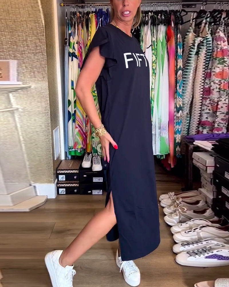 Fritidsklänning med volang ärm med bokstavstryck