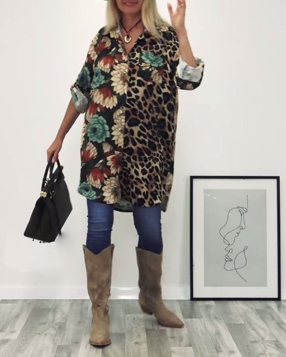 Lapelskjorta i leopardmönstrad patchwork