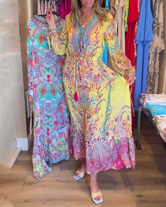 Långärmad resortklänning med tryck