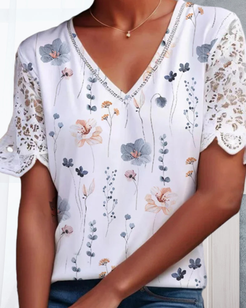 Blus med lace-patch och tryck