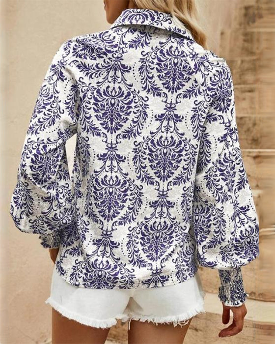 Blus Med Retro Knapp Detaljer Och Små Florala Tryck