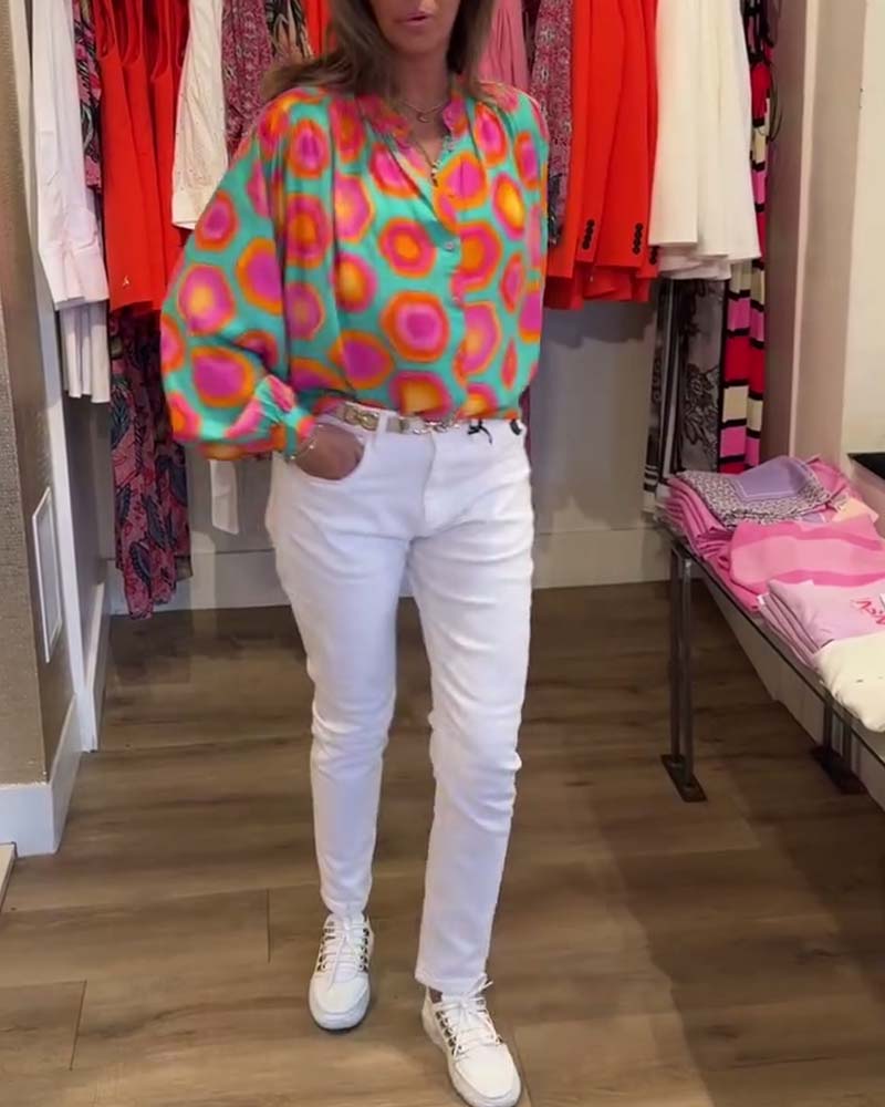 Färgglad skjorta med geometriskt tryck med krage