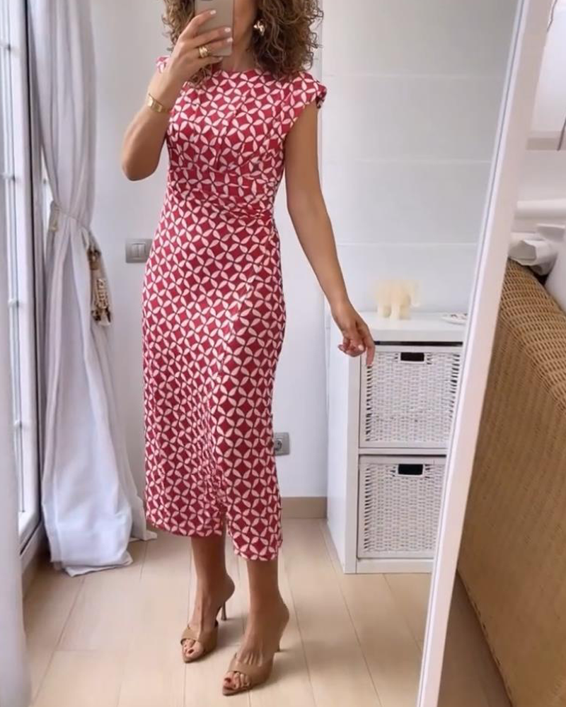 Geometriskt tryck ärmlös, rund halsad elegant klänning