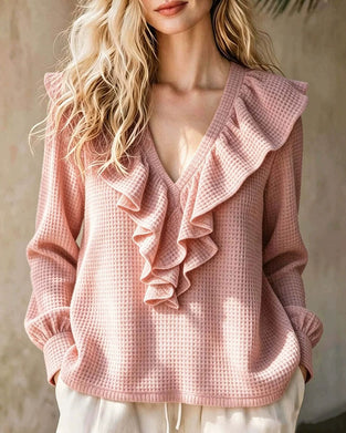 Blus Våffelstickad V-Hals Ruffle