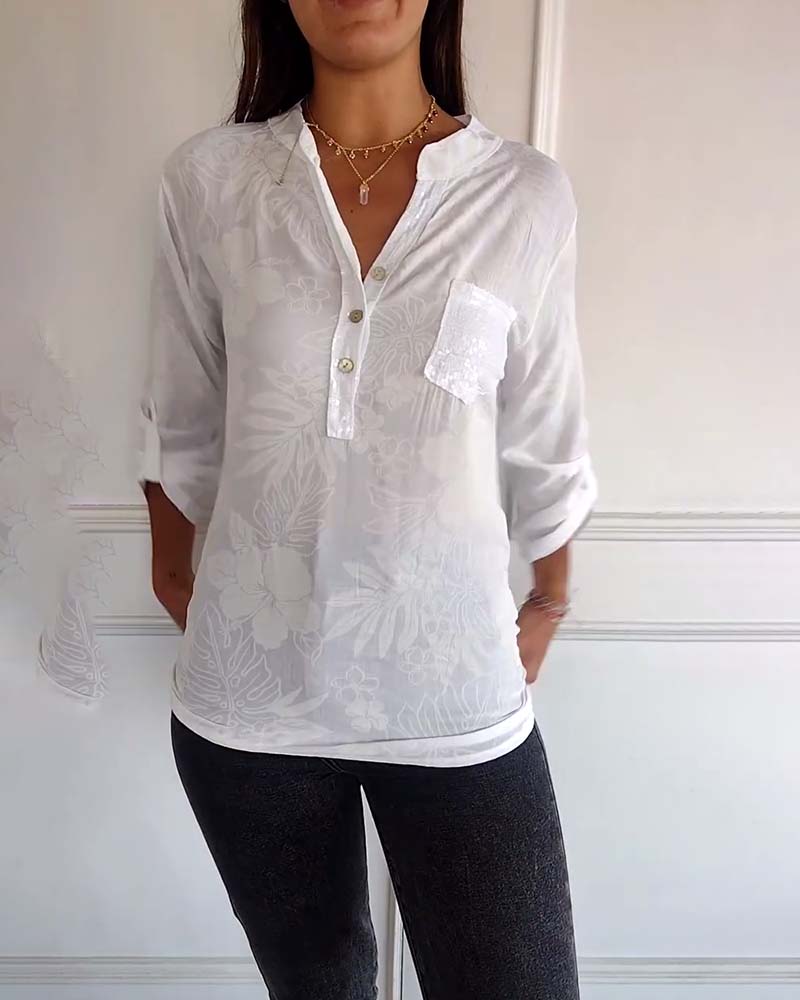 Patchwork topp med paljetter med bladtryck