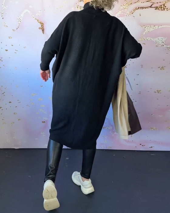 Casual enfärgad långärmad tröja med hög krage