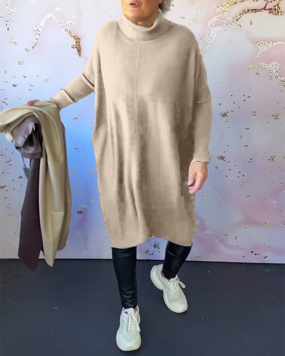 Casual enfärgad långärmad tröja med hög krage