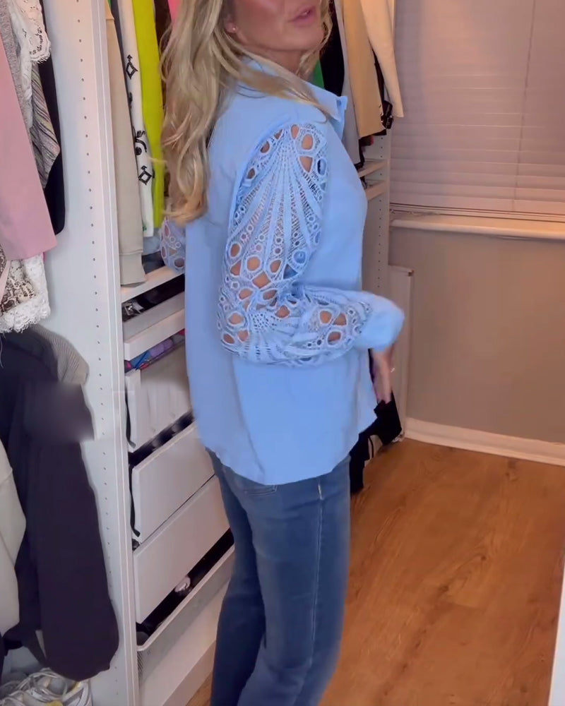 Lapel spetsärm enfärgad skjorta