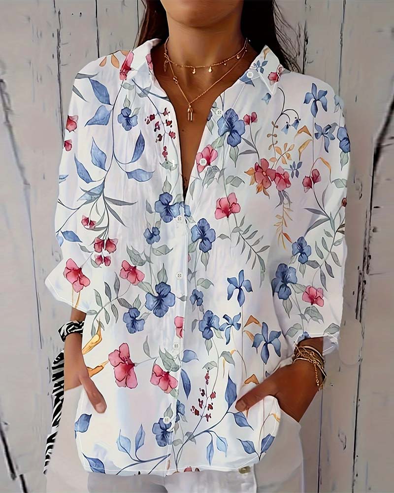 Blus Med Botanisk Blommig Print