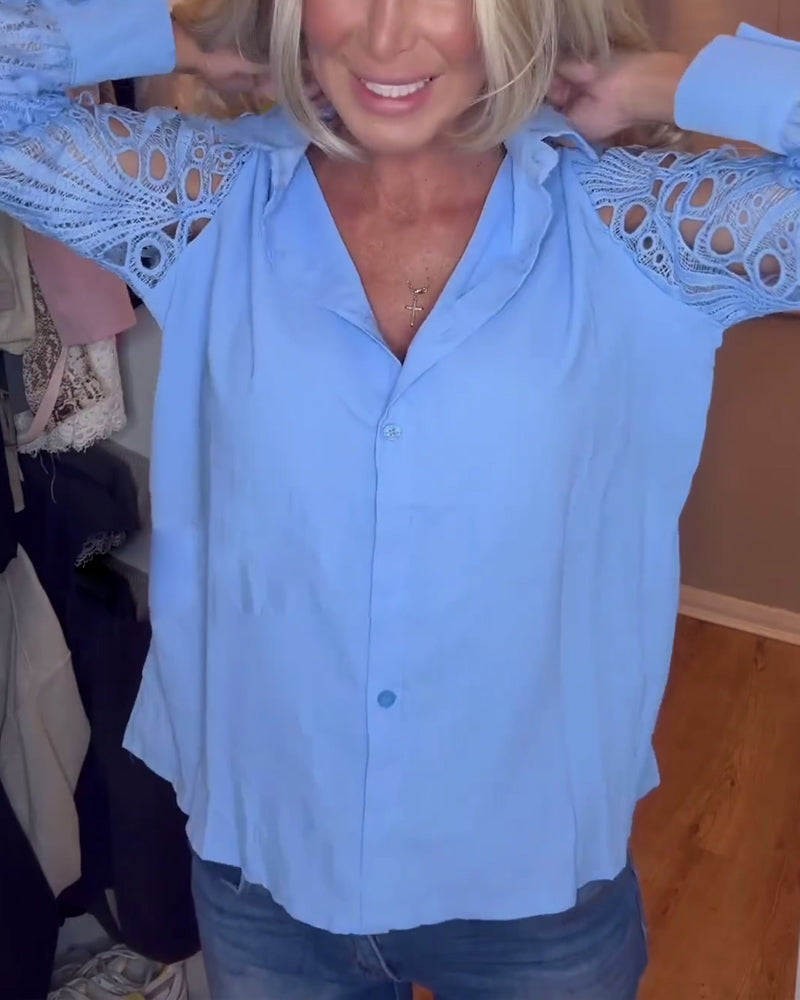 Lapel spetsärm enfärgad skjorta