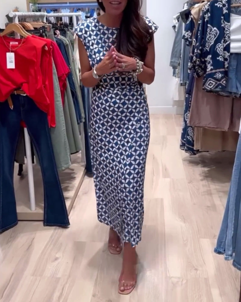 Geometriskt tryck ärmlös, rund halsad elegant klänning