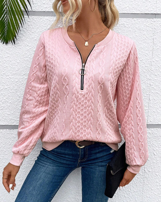 Casual enfärgad långärmad tröja med dragkedja