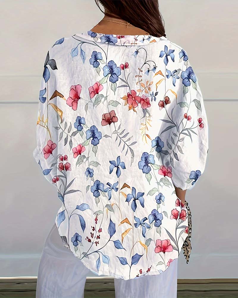 Blus Med Botanisk Blommig Print