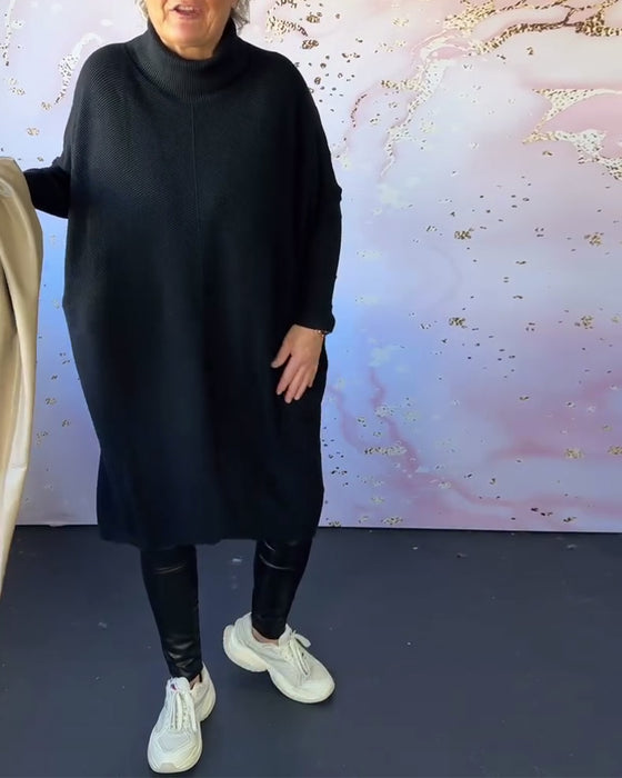 Casual enfärgad långärmad tröja med hög krage