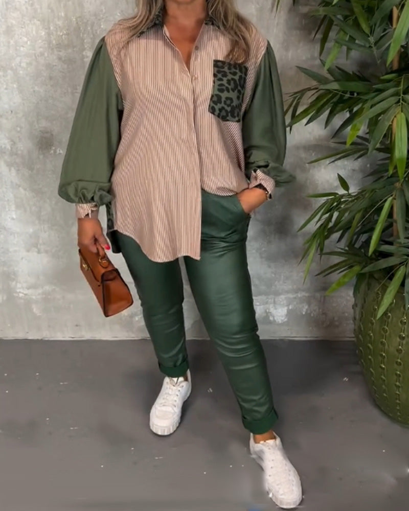 Lapel lantern ärm leopardmönstrad skjorta