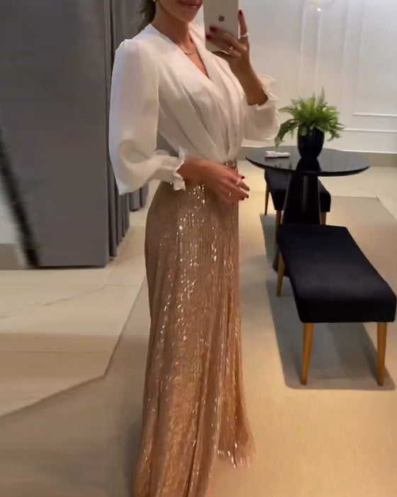 Elegant enfärgad blus med V-ringad lyktaärm