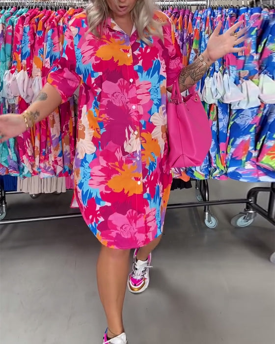 Färgglad blommig midiklänning i lapel