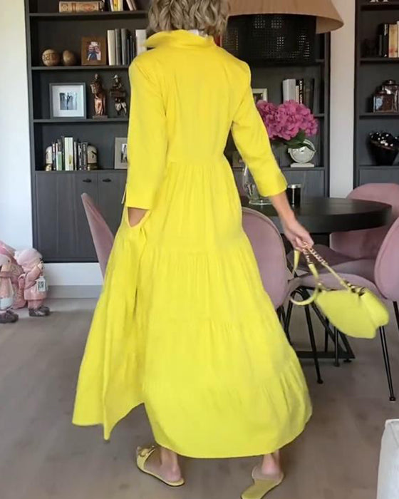 Casual enfärgad klänning med lapelficka och patchwork