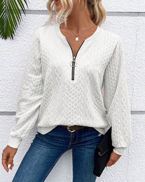 Casual enfärgad långärmad tröja med dragkedja