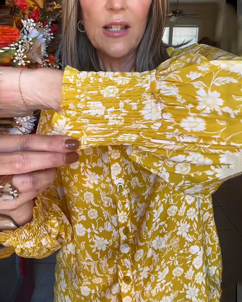 Blus Med Retro Knapp Detaljer Och Små Florala Tryck