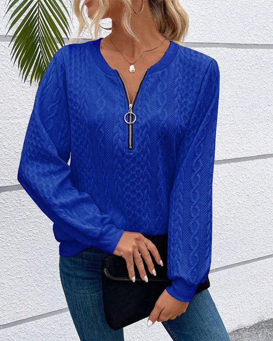 Casual enfärgad långärmad tröja med dragkedja