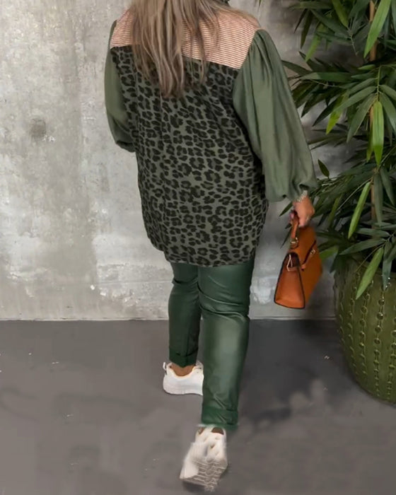 Lapel lantern ärm leopardmönstrad skjorta