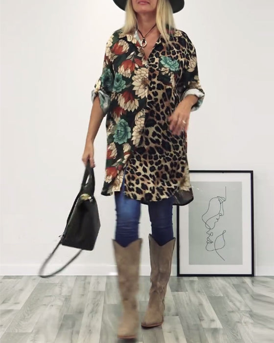 Lapelskjorta i leopardmönstrad patchwork