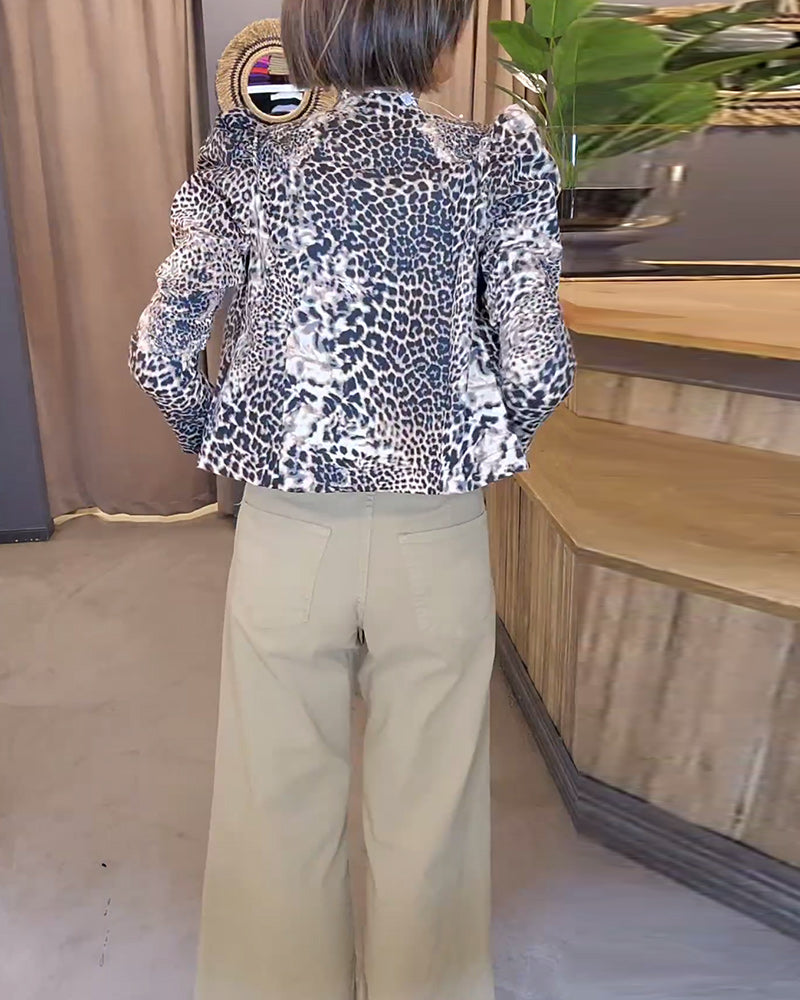 Leopardmönstrat ledig jacka med puffärm