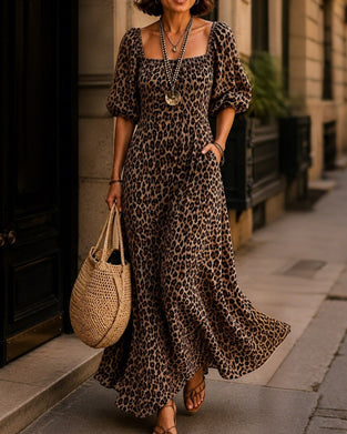 Klädning Fyrkantig Hals Leopard Mode