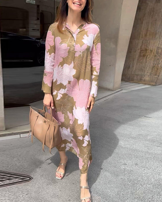 Casual maxiklänning med slits med blommönster och lång ärm