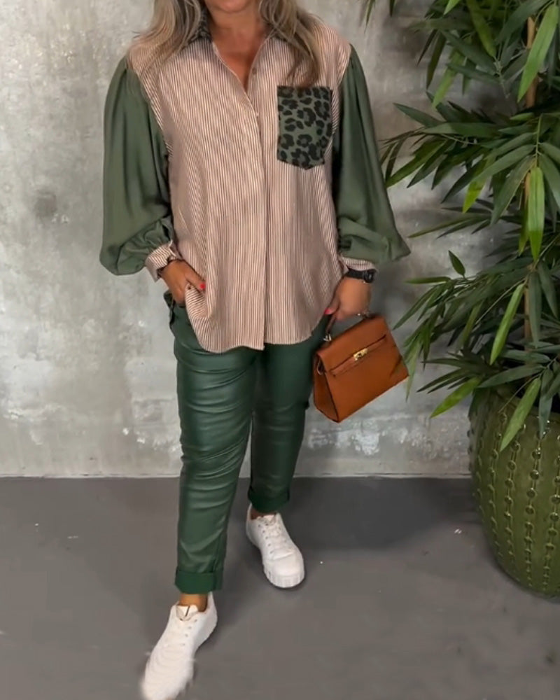 Lapel lantern ärm leopardmönstrad skjorta