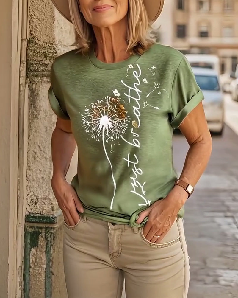 T - Shirt Med Dandelion Print Kort Ärmlösa