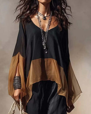 Contrast Panel Draped V-Neck Blouse
