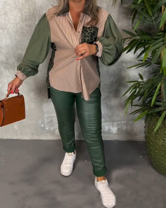 Lapel lantern ärm leopardmönstrad skjorta