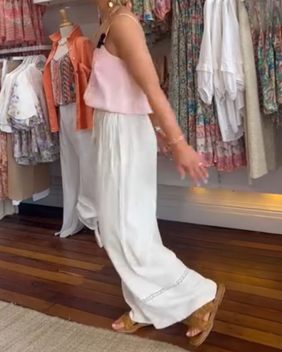 Enfärgade bekväma byxor med vida ben med fickor