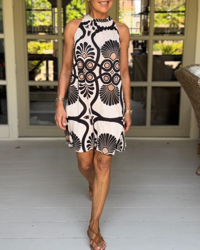 Halterringad klänning med vintagetryck