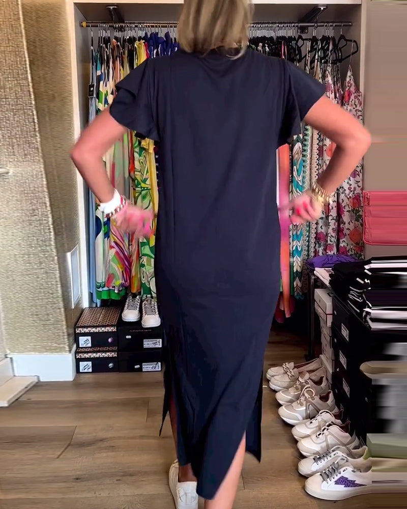 Fritidsklänning med volang ärm med bokstavstryck