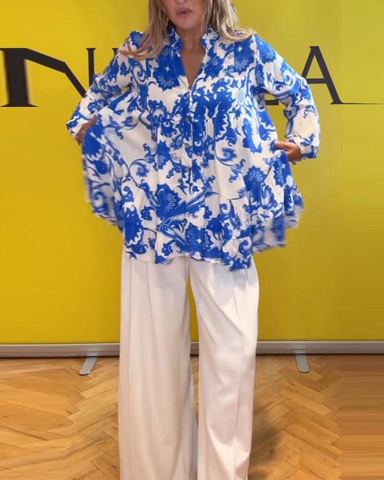 Långärmad blus med fräsch tryck