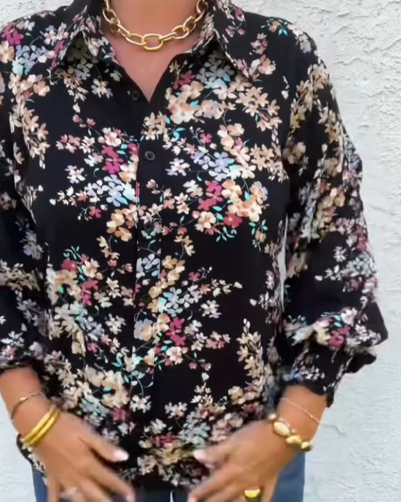 Blus Med Retro Knapp Detaljer Och Små Florala Tryck