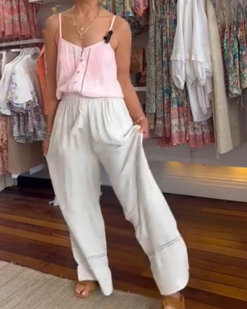 Enfärgade bekväma byxor med vida ben med fickor