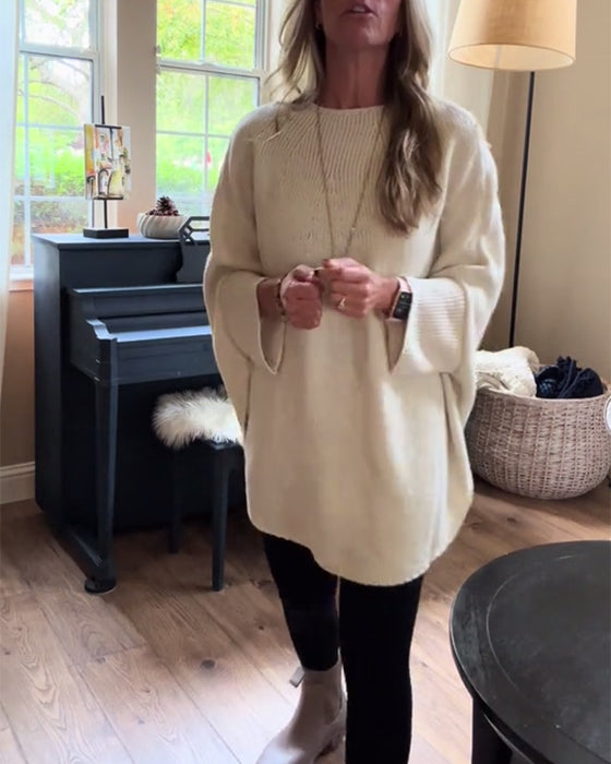 Moderiktig enfärgad fladdermusärmad tröja med rund hals