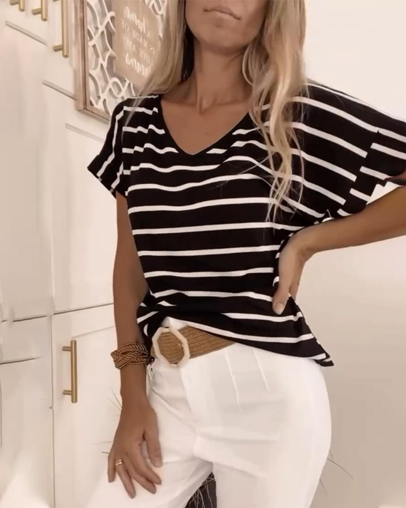 Enkel randig V-ringad avslappnad topp med tryck