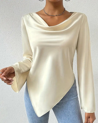 Casual enfärgad oregelbunden blus med veck och lång ärm