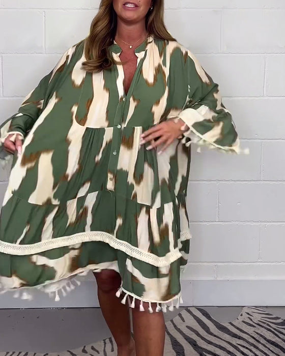 Fritidsklänning med fransar i vintagetryck