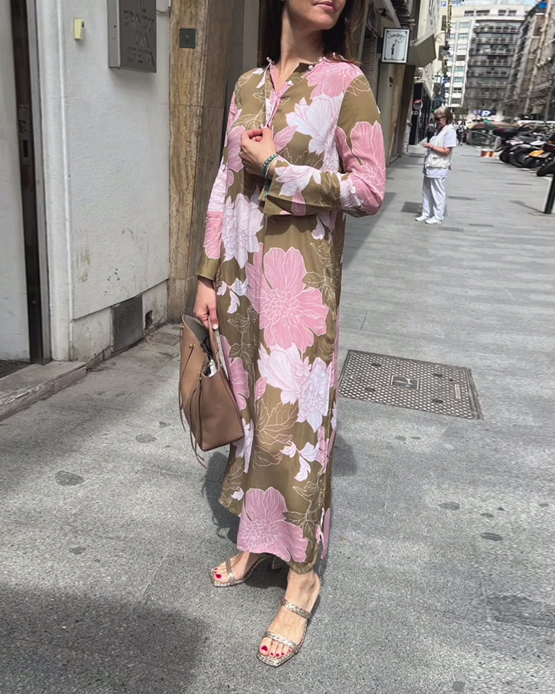 Casual maxiklänning med slits med blommönster och lång ärm