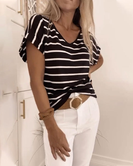 Enkel randig V-ringad avslappnad topp med tryck