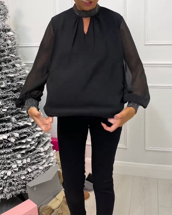 Moderiktig enfärgad blus med stativ krage patchwork och ihålig